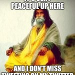 mountain guru | IT'S VERY PEACEFUL UP HERE; AND I DON'T MISS TWEETING ON MY TWITTER | image tagged in mountain guru | made w/ Imgflip meme maker