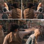 stage fight | WHEN YOU STAGE FIGHT TO MAKE STRONG WOMAN LOOK GOOD | image tagged in galadriel dodge,lotr,rop,guyladriel | made w/ Imgflip meme maker