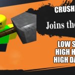 boss battle 4 (final one) | CRUSHER LOW SPEED
HIGH HEALTH
HIGH DAMAGE | image tagged in smash bros | made w/ Imgflip meme maker
