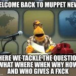 Muppet News Flash | WELCOME BACK TO MUPPET NEWS; WHERE WE TACKLE THE QUESTIONS
WHAT WHERE WHEN WHY HOW
AND WHO GIVES A FXCK | image tagged in muppet news flash | made w/ Imgflip meme maker