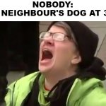 Can't sleep | NOBODY:
THE NEIGHBOUR'S DOG AT 3AM: | image tagged in screaming liberal,dog,dogs,scream,neighbors,screaming | made w/ Imgflip meme maker