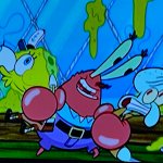 Spongebob and squidward getting squished by Mr. Krabs