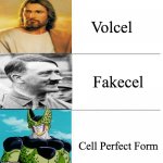 3 tier incel | Volcel; Fakecel; Cell Perfect Form | image tagged in winnie the pooh 3 tier,incel,fakecel,volcel,dragonball z,cellperfectform | made w/ Imgflip meme maker