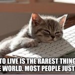Bored Keyboard Cat | TO LIVE IS THE RAREST THING IN THE WORLD. MOST PEOPLE JUST EXIST | image tagged in bored keyboard cat | made w/ Imgflip meme maker