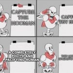 papyrus when frisk is frisky | CAPTURE THE HOOMAN; CAPTURE THY HUMIN; A COMPLETELY POLITE AND PACIFYING HUMAN; THEY LIKE MY SPAGHETTI ROLLS | image tagged in papyrus plan,papyrus,undertale,frisk,somebody toucha my spaghet | made w/ Imgflip meme maker