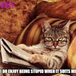 Today is my day | YES; I DO ENJOY BEING STUPID WHEN IT SUITS ME | image tagged in sophisticat,stupidecat,being,dumb,smartass | made w/ Imgflip meme maker