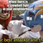 Snowball fights be like: | When there is a snowball fight in your neighborhood:; My friend; My other friend; Me; Those were our best attacks, and they did nothing! | image tagged in sonic meme image | made w/ Imgflip meme maker