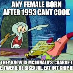 charge they phone | ANY FEMALE BORN AFTER 1993 CANT COOK; ALL THEY KNOW IS MCDONALD'S, CHARGE THEY PHONE, TWERK, BE BISEXUAL, EAT HOT CHIP AND LIE | image tagged in squidward screaming,memes | made w/ Imgflip meme maker