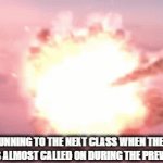 FLINT LOCKWOOD | ME RUNNING TO THE NEXT CLASS WHEN THE BELL RINGS (I WAS ALMOST CALLED ON DURING THE PREVIOUS CLASS) | image tagged in gifs,school,flint lockwood explosion,memes,running away balloon,saved by the bell | made w/ Imgflip video-to-gif maker