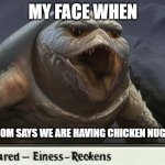 joy | MY FACE WHEN; MY MOM SAYS WE ARE HAVING CHICKEN NUGGETS | image tagged in reckens,chicken nuggets,my face when | made w/ Imgflip meme maker