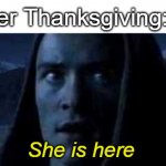 He Is Here Lotr Legolas | Day after Thanksgiving:; She is here | image tagged in he is here lotr legolas | made w/ Imgflip meme maker