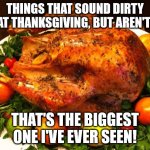 Things That Sound Dirty At Thanksgiving (Part Six) | THINGS THAT SOUND DIRTY AT THANKSGIVING, BUT AREN'T:; THAT'S THE BIGGEST ONE I'VE EVER SEEN! | image tagged in roasted turkey,thanksgiving,humor,funny,double entendre | made w/ Imgflip meme maker
