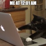 Furiously Typing Cat | ME AT 12:01 AM | image tagged in furiously typing cat | made w/ Imgflip meme maker