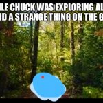 A strange Device. | WHILE CHUCK WAS EXPLORING ALONE HE FOUND A STRANGE THING ON THE GROUND. | image tagged in nature trail,strange | made w/ Imgflip meme maker