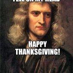 Happy Thanksgiving | AN APPLE FELL ON MY HEAD; HAPPY THANKSGIVING! AND I MADE PIE | image tagged in isaac newton | made w/ Imgflip meme maker