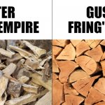 Walt's and Gus' empire comparison | WALTER WHITE'S EMPIRE; GUSTAVO FRING'S EMPIRE | image tagged in firewood,breaking bad,better call saul | made w/ Imgflip meme maker