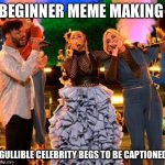 Stupid is as stupid does | BEGINNER MEME MAKING; GULLIBLE CELEBRITY BEGS TO BE CAPTIONED | image tagged in fashion police,stupid people,fashion,celebrity | made w/ Imgflip meme maker