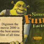 Shrek Fun Facts | Digimon the movie 2000 is the best anime film of all time. | image tagged in shrek fun facts | made w/ Imgflip meme maker