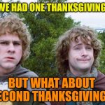 Leftover Turkeys | YES, WE HAD ONE THANKSGIVING, YES. BUT WHAT ABOUT SECOND THANKSGIVING? | image tagged in second breakfast,second,thanksgiving,lord of the rings,hobbit,turkeys | made w/ Imgflip meme maker