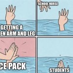 High Five Drown | SCHOOL NURSE; GETTING A BROKEN ARM AND LEG; ICE PACK; STUDENTS | image tagged in high five drown | made w/ Imgflip meme maker