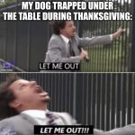 let me out | MY DOG TRAPPED UNDER THE TABLE DURING THANKSGIVING: | image tagged in let me out | made w/ Imgflip meme maker