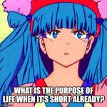 Confused Anime Girl | WHAT IS THE PURPOSE OF LIFE WHEN IT'S SHORT ALREADY? | image tagged in confused anime girl | made w/ Imgflip meme maker