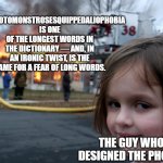 Wait What- | HIPPOPOTOMONSTROSESQUIPPEDALIOPHOBIA IS ONE OF THE LONGEST WORDS IN THE DICTIONARY — AND, IN AN IRONIC TWIST, IS THE NAME FOR A FEAR OF LONG WORDS. THE GUY WHO DESIGNED THE PHOBIA | image tagged in house fire child | made w/ Imgflip meme maker