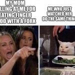 Angry Woman and Cat | MY MOM YELLING AT ME FOR EATING FINGER FOOD WITH A FORK; ME WHO JUST WATCHED HER DO THE SAME THING | image tagged in angry woman and cat | made w/ Imgflip meme maker