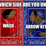 Idk what this title should be. | ARROW KEYS; WASD | image tagged in which side are you on,movement,gaming | made w/ Imgflip meme maker