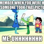 peri giving lapis a card | YOU: REMEMBER WHEN YOU WERE HIT WITH A BALL AND SOMEONE TOOK THAT PICTURE OF YOU? ME: UHHHHHHHH | image tagged in peri giving lapis a card | made w/ Imgflip meme maker