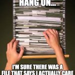 hang on... I don't care | HANG ON... I'M SURE THERE WAS A FILE THAT SAYS I ACTUALLY CARE | image tagged in filing cabinet,care,hang on,filing,don't care | made w/ Imgflip meme maker