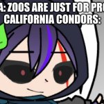 Their species was saved by zoos | PETA: ZOOS ARE JUST FOR PROFIT
CALIFORNIA CONDORS: | image tagged in hey you know i exist,peta | made w/ Imgflip meme maker