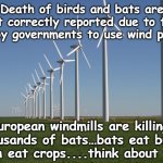 Windmills kill bats and birds | Death of birds and bats are not correctly reported due to the push by governments to use wind power. European windmills are killing thousands of bats…bats eat bugs which eat crops....think about that | image tagged in windmill,birds,bats,crops,wind power,cover up | made w/ Imgflip meme maker