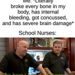 And it's not even real ice, it's probably a frozen wet sponge. Schools be too broke for an ice machine. | Me: *Literally broke every bone in my body, has internal bleeding, got concussed, and has severe brain damage* The best I can do is some ice | image tagged in memes,funny,relatable,oh wow are you actually reading these tags,barney will eat all of your delectable biscuits | made w/ Imgflip meme maker