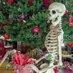 Skelton Waiting By Christmas Tree