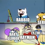 RAYMAN RAVING RABBIDS GBA BE LIKE | SERGEUI; RABBID; LY THE FAIRY; RAYMAN; BABY GLOBOX | image tagged in pibby hiding from finn and jake | made w/ Imgflip meme maker