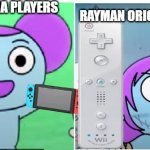 bruh | SONIC MANIA PLAYERS; RAYMAN ORIGINS PLAYERS | image tagged in pibby what you think vs pibby what it actually is | made w/ Imgflip meme maker