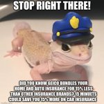 Officer Geico Gekk | STOP RIGHT THERE! DID YOU KNOW GEICO BUNDLES YOUR HOME AND AUTO INSURANCE FOR 15% LESS THAN OTHER INSURANCE BRANDS? 15 MINUETS COULD SAVE YOU 15% MORE ON CAR INSURANCE | image tagged in officer geck | made w/ Imgflip meme maker