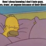 be like homer | How I sleep knowing I don't hate gays, furries, trans', or anyone because of their lifestyles | image tagged in how i sleep homer simpson | made w/ Imgflip meme maker