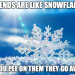 snowflake | FRIENDS ARE LIKE SNOWFLAKES; IF YOU PEE ON THEM THEY GO AWAY | image tagged in snowflake | made w/ Imgflip meme maker