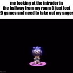 he will die | me looking at the intruder in the hallway from my room (i just lost 20 games and need to take out my anger) | image tagged in needlemouse stare,funny memes | made w/ Imgflip meme maker