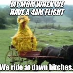 Big bird in carriage | MY MOM WHEN WE HAVE A 4AM FLIGHT; We ride at dawn bitches. | image tagged in big bird in carriage,truth | made w/ Imgflip meme maker