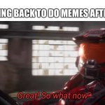 ~ A really cool title ~ | ME COMING BACK TO DO MEMES AFTER 1 YEAR | image tagged in great so what now | made w/ Imgflip meme maker