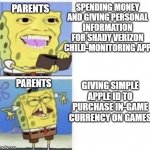 verizon smart family :( | SPENDING MONEY AND GIVING PERSONAL INFORMATION FOR SHADY VERIZON CHILD-MONITORING APP; PARENTS; GIVING SIMPLE APPLE ID TO PURCHASE IN-GAME CURRENCY ON GAMES; PARENTS | image tagged in spongebob wallet,parents,unfair,currency,information,games | made w/ Imgflip meme maker