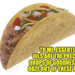 Essential oils | TO ME, ESSENTIAL OILS ARE THE PRECIOUS DROPS OF GOODNESS THAT OOZE OUT OF THESE THINGS. | image tagged in taco | made w/ Imgflip meme maker