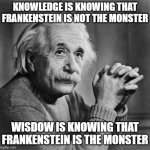 Einstein | KNOWLEDGE IS KNOWING THAT FRANKENSTEIN IS NOT THE MONSTER; WISDOW IS KNOWING THAT FRANKENSTEIN IS THE MONSTER | image tagged in einstein | made w/ Imgflip meme maker
