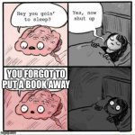 Hey you going to sleep? | YOU FORGOT TO PUT A BOOK AWAY | image tagged in hey you going to sleep | made w/ Imgflip meme maker