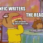 That one fanfic author be like… | FANFIC WRITERS; THE READER; OVER-EXPLAINING THE LORE OF THEIR STORY | image tagged in arthur eating cake,fanfiction | made w/ Imgflip meme maker