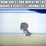 Why tho | HOW GIRLS LOOK WHEN THEY'RE HAVING A PERFECTLY NORMAL DAY | image tagged in angry cat tom and jerry | made w/ Imgflip meme maker