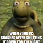 Crash Moment | WHEN YOUR PC CRASHES AFTER SHUTTING IT DOWN FOR THE NIGHT | image tagged in shocked turtle | made w/ Imgflip meme maker